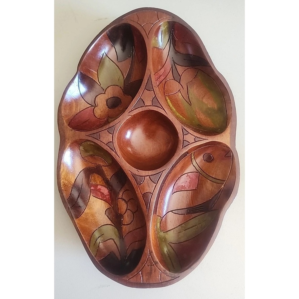 Hand Carved wood serving bowl monkey Fish pod 5 compartments Flowers Vintage
